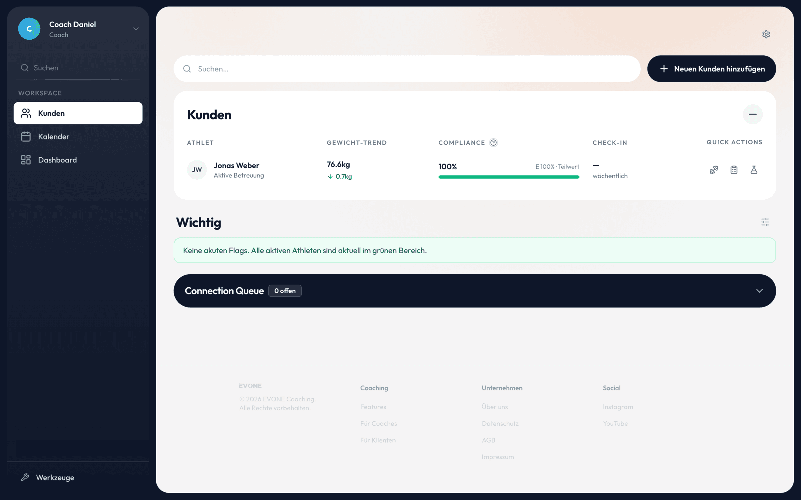 Evone Coach: Kunden-Dashboard